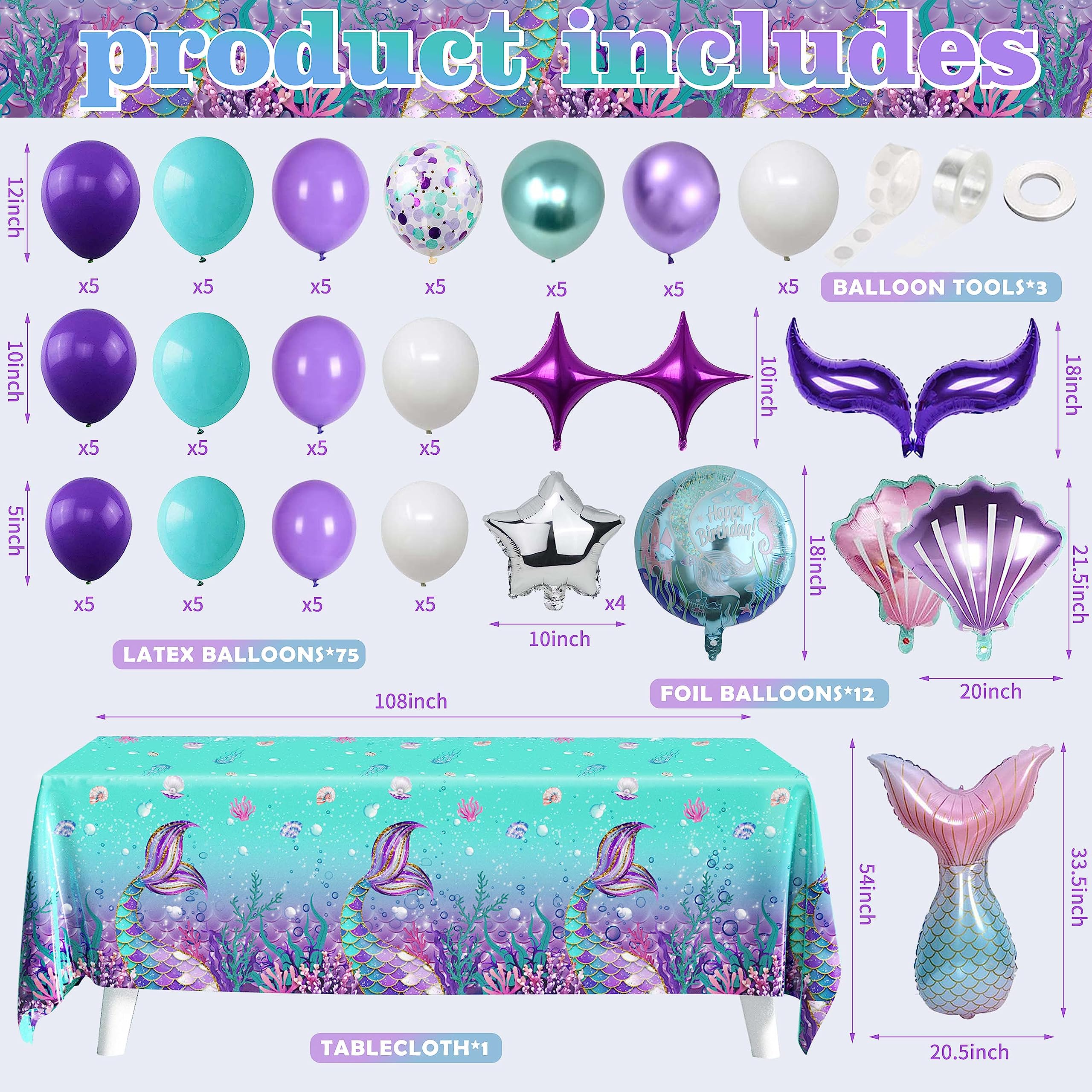 109Pcs Mermaid Birthday Party Decorations Kit for Girls - Includes Tablecloth, Backdrop, Banners, Cake Toppers, Foil & Latex Balloons, Fringe Curtains - Perfect for Mermaid Themed Parties, Baby Showers & Under the Sea Events