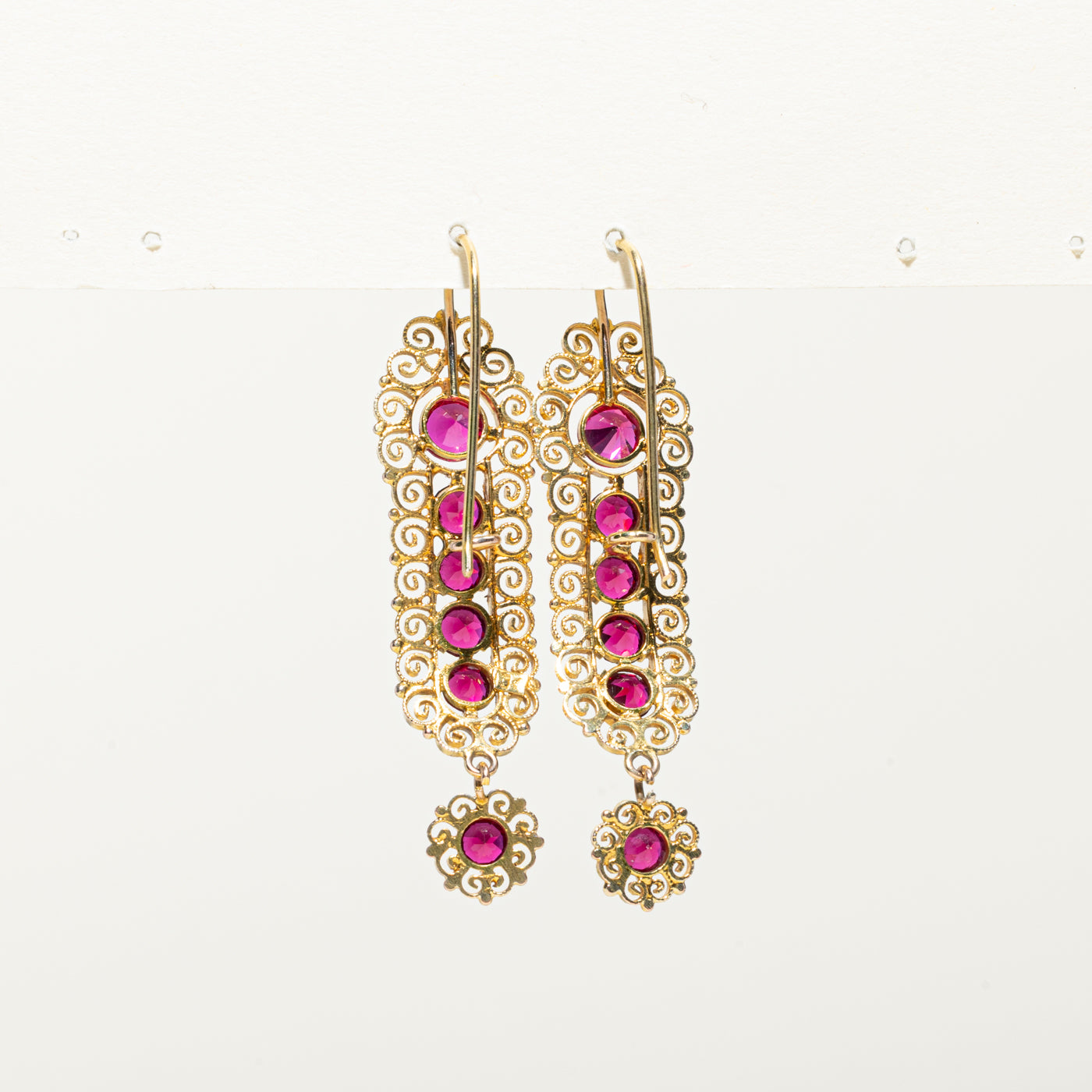 10K Gold Synthetic Ruby Scrollwork Drop Earrings for Women | 4.20ctw Elegant Dangle Earrings | Perfect for Weddings, Parties & Special Occasions