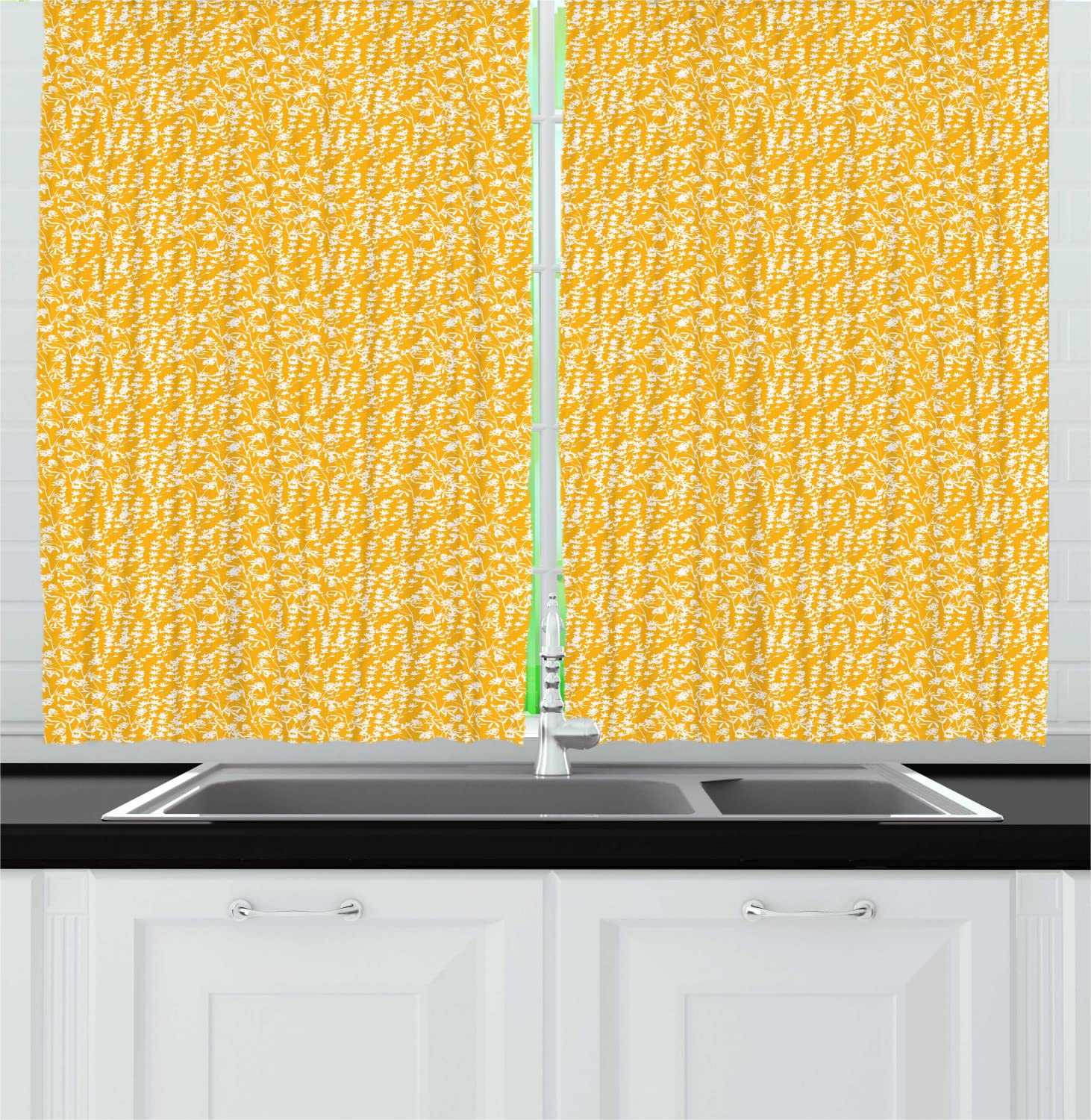 Ambesonne Botanical Long Kitchen Curtains - Vintage Garden Leaf Print Drapes with Rod Pocket, 55x45 Inch, Orange & White - Perfect for Farmhouse, Cottage & Retro Kitchen Decor