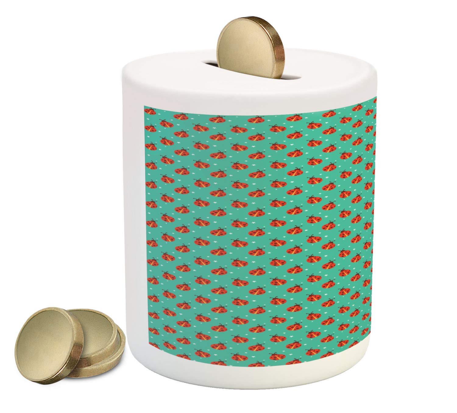 Ambesonne Modern Ceramic Piggy Bank - Ladybugs & Stars Spring Nature Design on Blue Background, Money Box for Cash Saving (Teal, Red, Black) | Perfect Gift for Kids, Home Decor & Savings Motivation