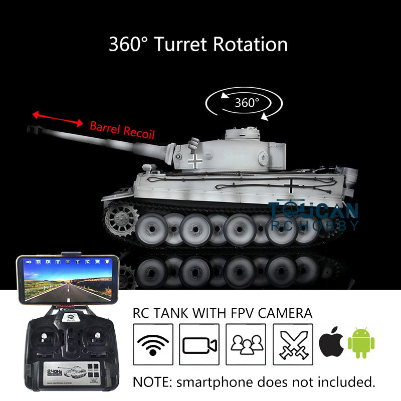Henglong 1/16 Scale 7.0 Plastic Tiger I RC Tank Model 3818 with 360° Rotating Turret, Recoil Barrel, FPV Phone Holder & Steel Gearbox - Realistic Engine Sound for Military Enthusiasts & Battle Simulation