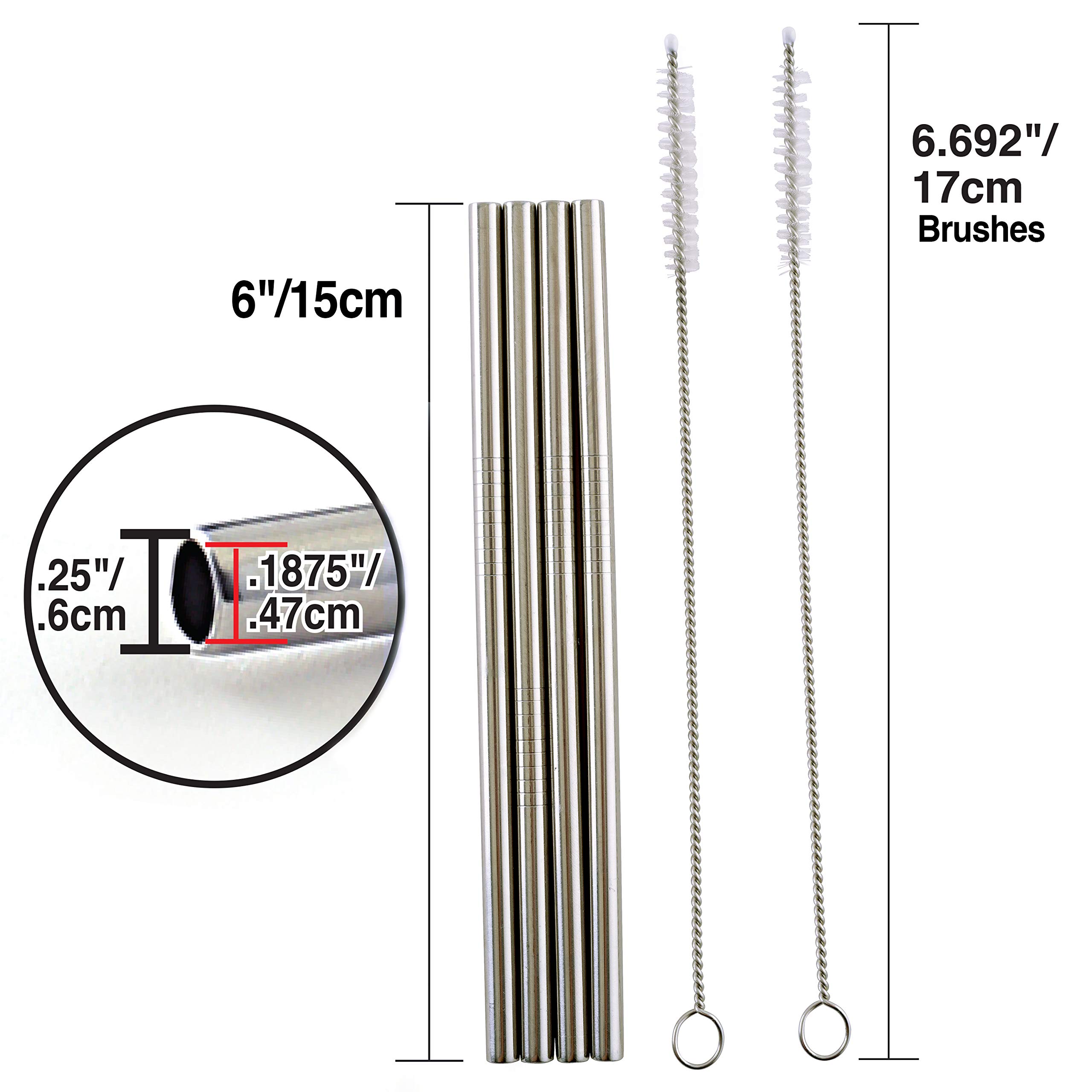 Norpro 6-Inch Stainless Steel Reusable Drinking Straws with 2 Cleaning Brushes - Eco-Friendly Metal Straws for Smoothies, Iced Coffee & Cocktails at Home or Travel
