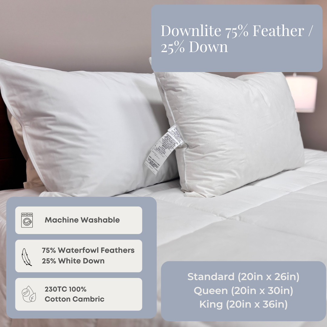 Premium Downlite 75/25 Waterfowl Feather & White Down Pillow for Side Sleepers - Ultra Soft Hypoallergenic Bed Pillow for Neck Support & Comfort
