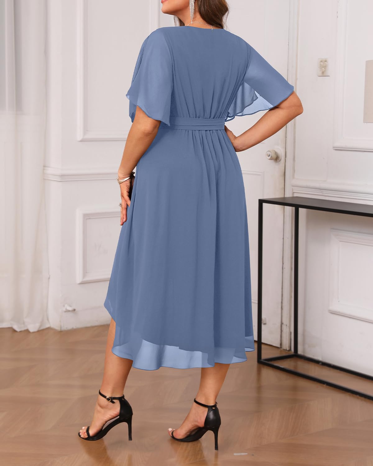 Elegant Plus Size Wedding Guest Dress - Formal Cocktail Chiffon V-Neck Short Sleeve High-Low Dress for Curvy Women | Perfect for Weddings, Parties & Special Occasions