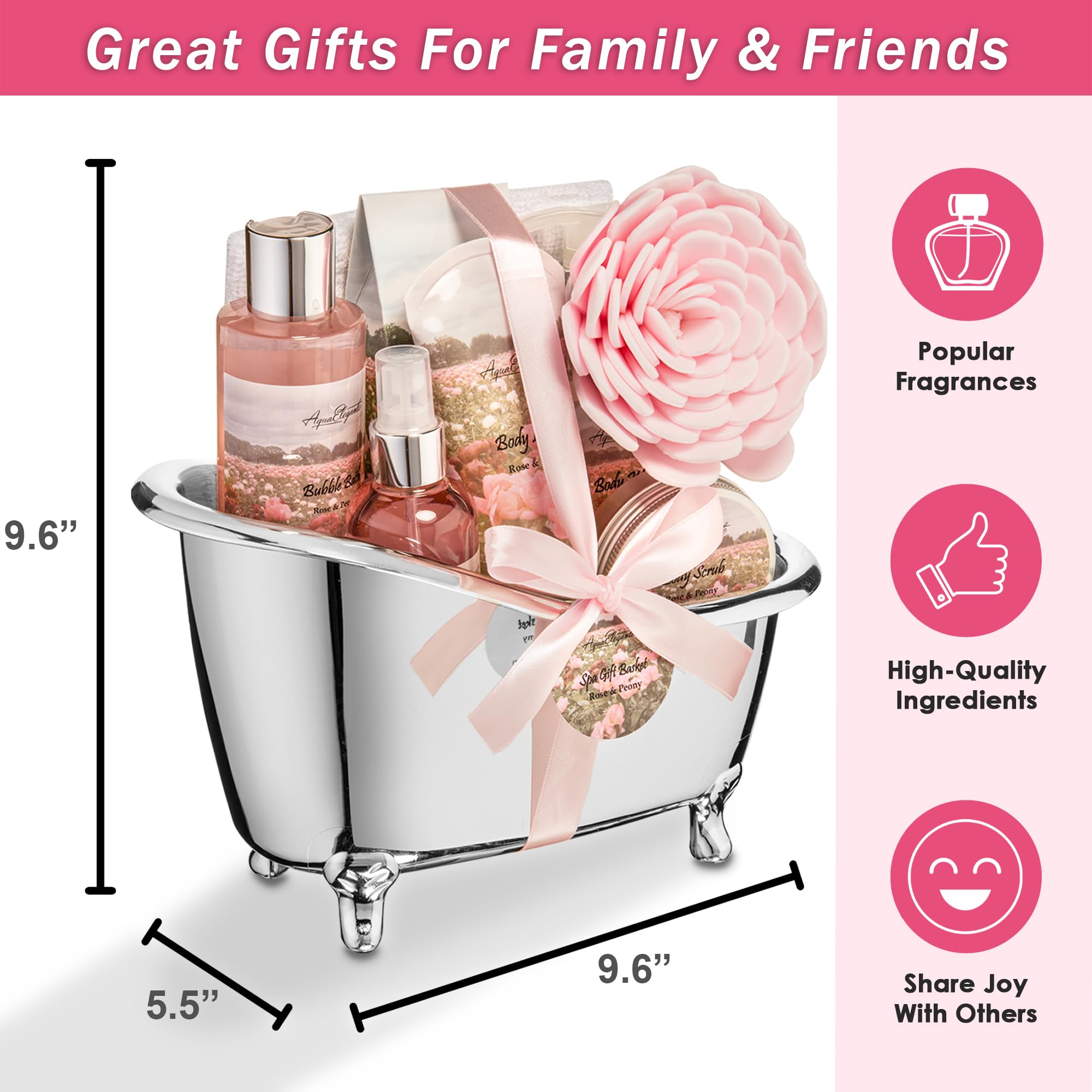 Luxury Spa Gift Baskets for Women - Relaxing Bath Set with Rose Oil & Peony - Complete Spa Kit Includes Body Wash, Bubble Bath, Lotion, Bath Salts, Body Scrub, Body Spray, Shower Puff & Towel - Perfect for Birthday, Anniversary, Mother's Day & Self-Care Gifts