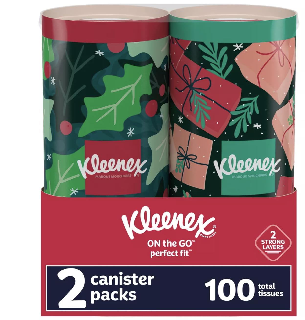 Kleenex Holiday Limited Edition Perfect Fit Canister Facial Tissues - 2 Pack (50 Count) | Soft & Decorative for Home, Office & Seasonal Decor