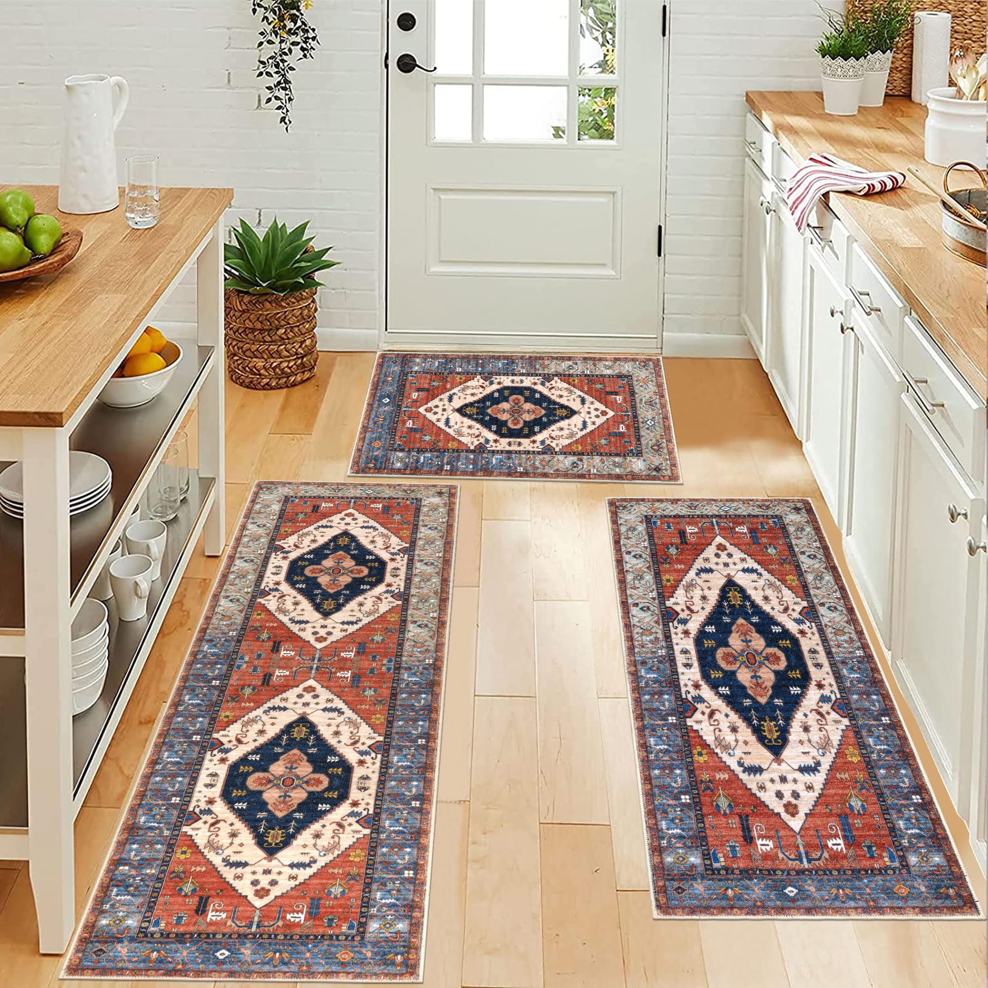 Pauwer Non-Slip Washable Kitchen Rugs Set of 3 - Farmhouse Boho Style Floor Mats for Kitchen, Sink, Hallway & Laundry Room | Rust Color | Perfect for High-Traffic Areas & Spill-Prone Spaces