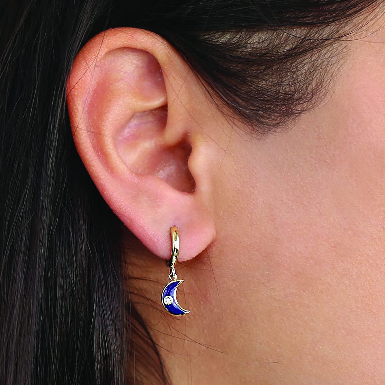 14K Gold Moon Diamond Dangle Drop Hoop Earrings for Women - Crescent Moon Evil Eye Enamel Turquoise Blue Earrings | Perfect for Parties, Weddings & Everyday Elegance
