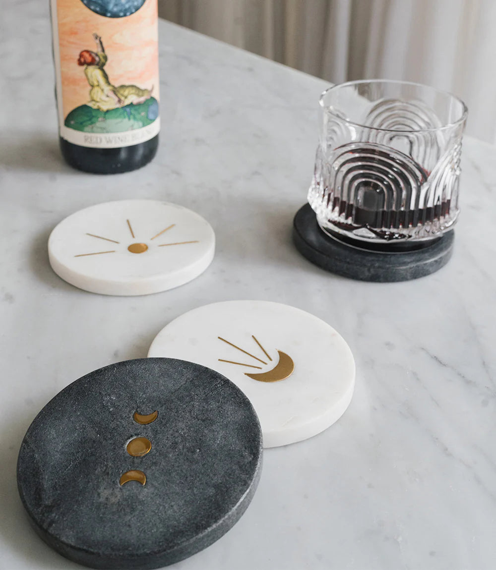 Moon & Stars Marble Coasters Set of 4 - Elegant Stone Drink Coasters for Coffee Table, Bar, Office - Perfect Gift for Home Decor & Housewarming
