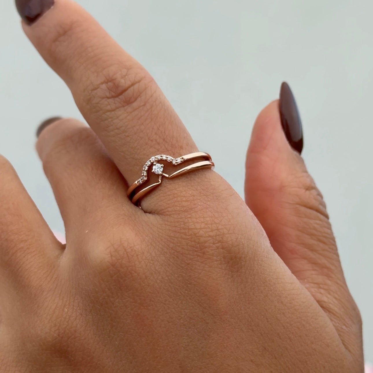 14k Solid Yellow Gold Diamond Curve Double Layer Band Ring - Elegant Stackable Wedding Band for Women, Perfect for Anniversaries & Special Occasions