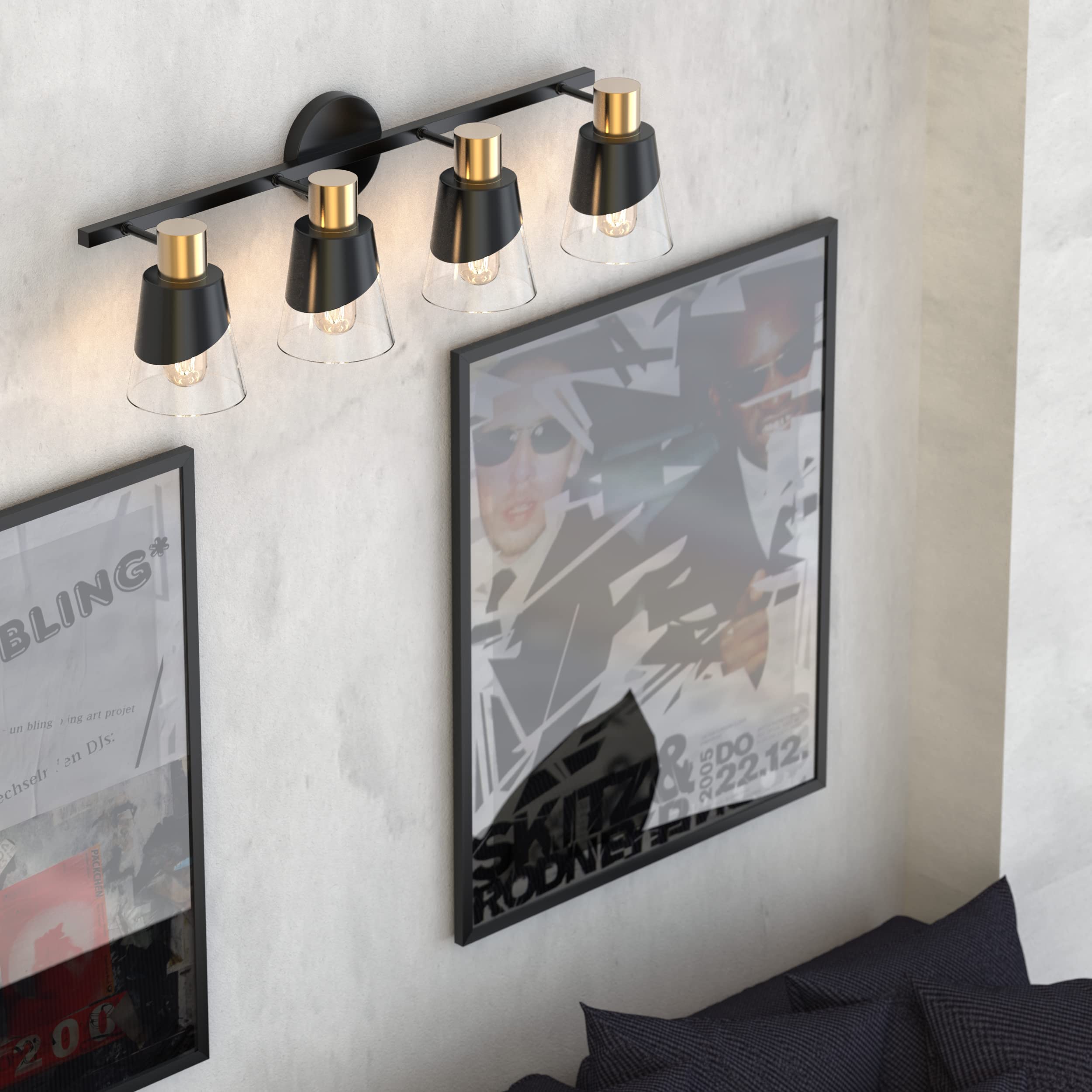 URSOLA 4-Light Bathroom Vanity Lighting Fixture - 28.34 Inch Black & Gold Wall Sconce with Beveled Edge & Clear Glass Shade - Perfect for Bathroom Mirror Lighting, Powder Room, and Spa-Like Ambience