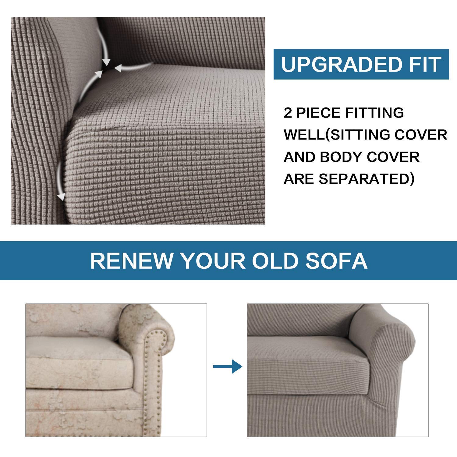 H.VERSAILTEX Stretch Sofa Covers for 3 Cushion Couch - 2 Piece Spandex Slipcover Set for Loveseat & Chair, Taupe - Perfect for Living Room, Apartment & Pet-Friendly Furniture Protection