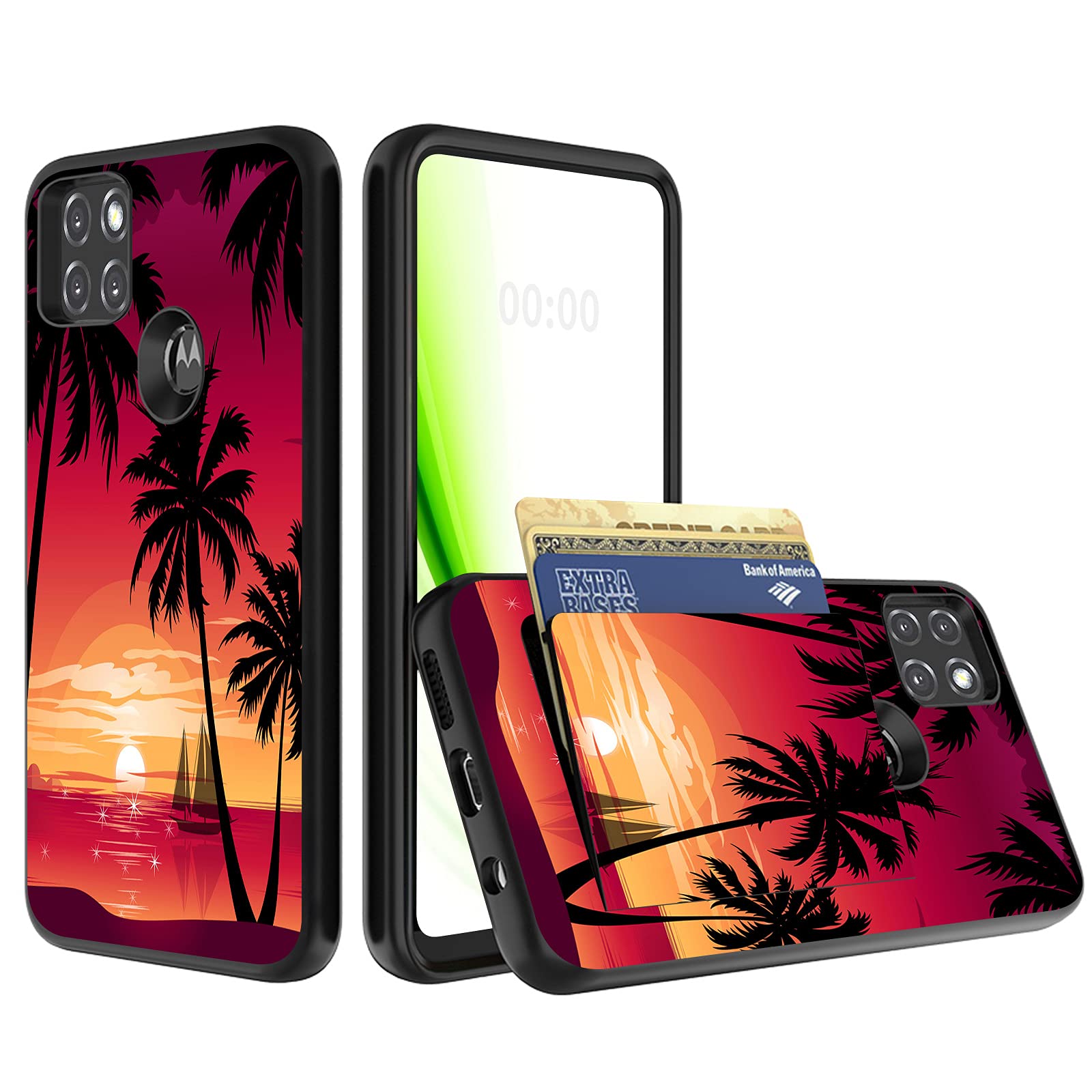 Shockproof Wallet Case for Moto One 5G Ace/G 5G - Dual Layer Protective Phone Cover with Card Slot Holder (Holds Credit Cards, IDs & Cash) - Sunset Coconut Tree Design - Perfect for Travel, Work & Daily Use