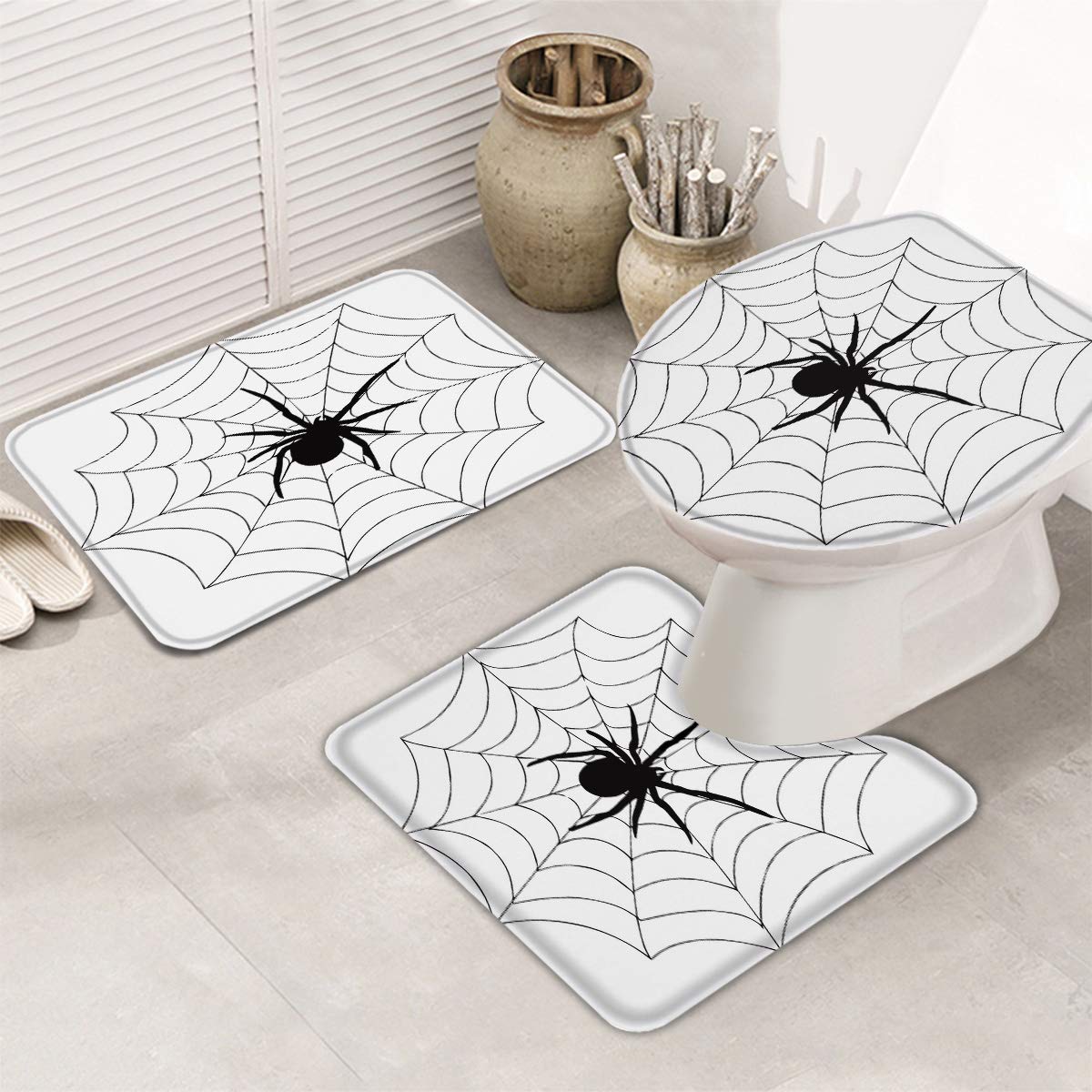 Halloween Spider Web Non-Slip Bathroom Rug Set - 3 Piece Bath Mats with U-Shaped Toilet Mat & Lid Cover, Absorbent Washable Black & White - Perfect for Spooky Bathroom Decor & Home Safety