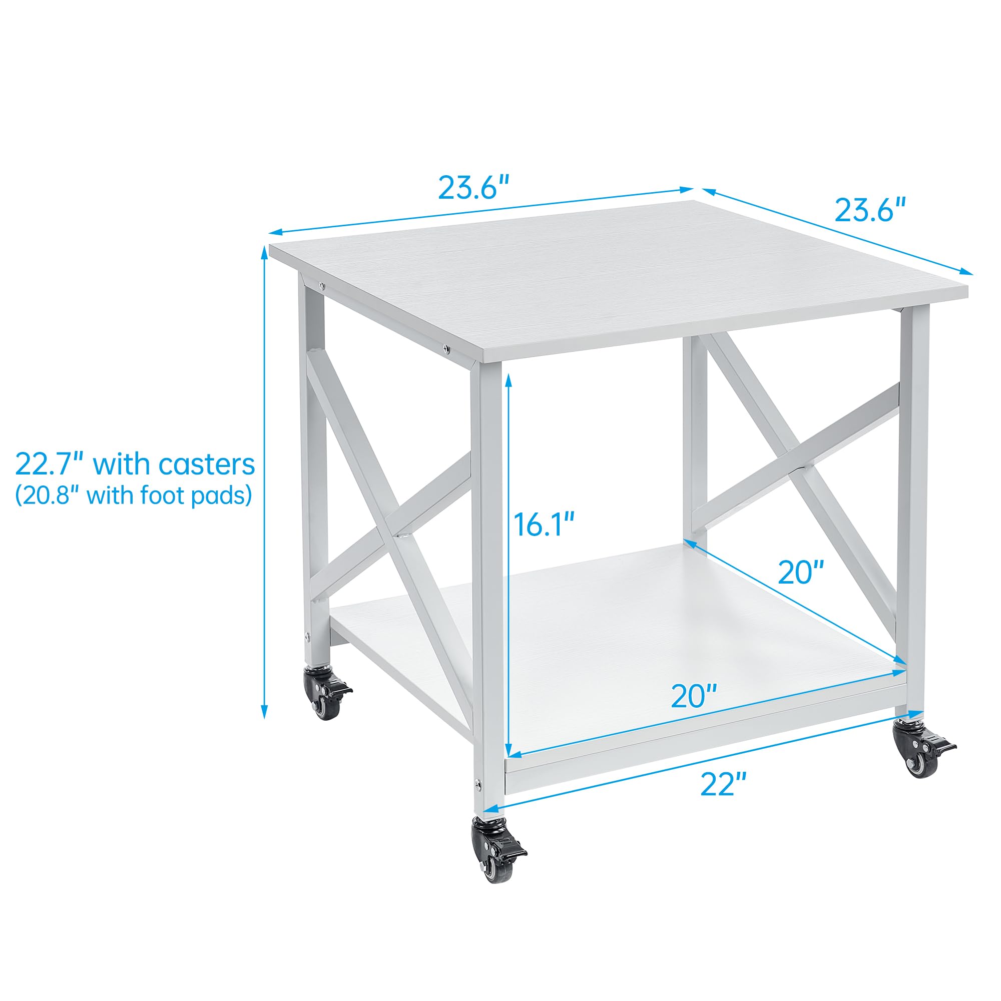 23.6 x 23.6 Inches Large Printer Stand with Storage Shelf | 2-Tier Square Rolling Cart with Wheels for Home Office | Compatible with Laser Printer, 3D Printer & Mini Fridge | Multi-Purpose Mobile Organizer for Workspace & Living Room - White