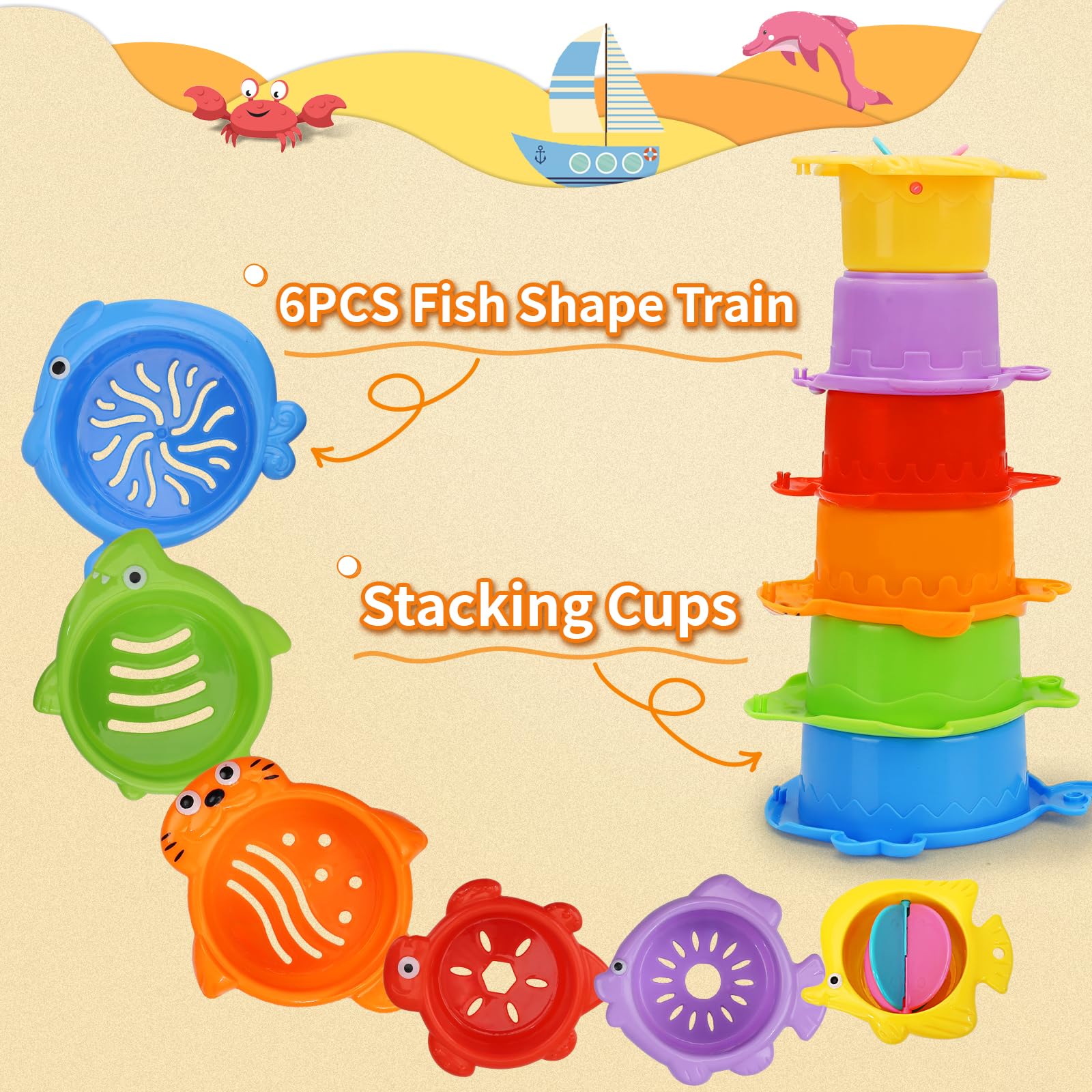 13 Pcs Non-Toxic Baby Bath Toys for Toddlers Ages 1-4 | Mold-Free Bathtub & Water Table Toys Set with Stacking Cups & Watering Can | Perfect for Infants 6-18 Months & Kids 2-3 Years Old | Fun Sensory Play for Boys & Girls During Bath Time or Outdoor Water Activities