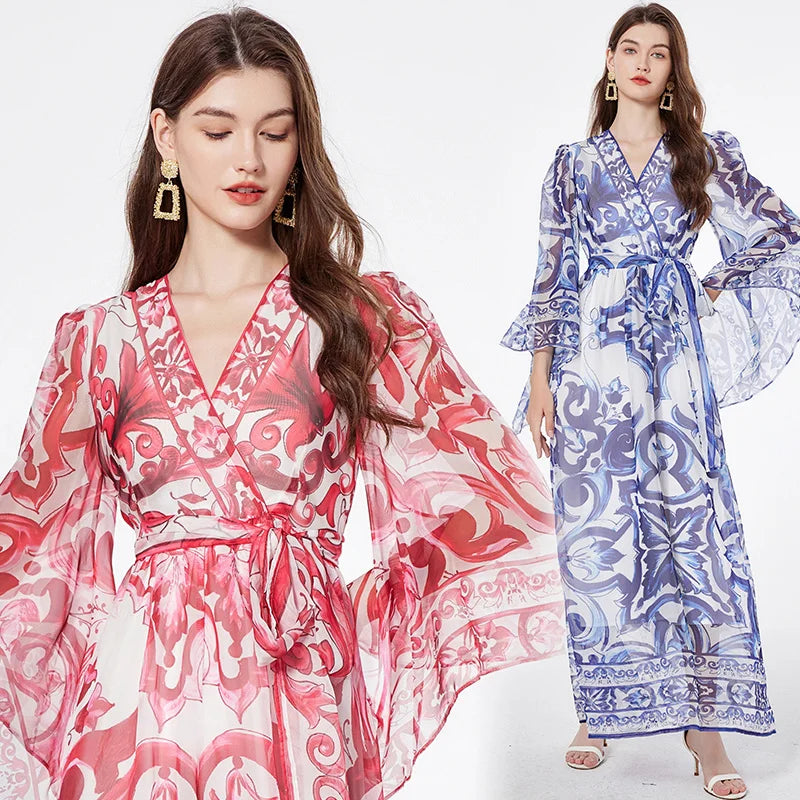 Elegant Blue and White Porcelain Floral Maxi Dress for Women - Long Sleeve Floral Print Summer & Autumn Dress - Perfect for Weddings, Parties, and Casual Outings