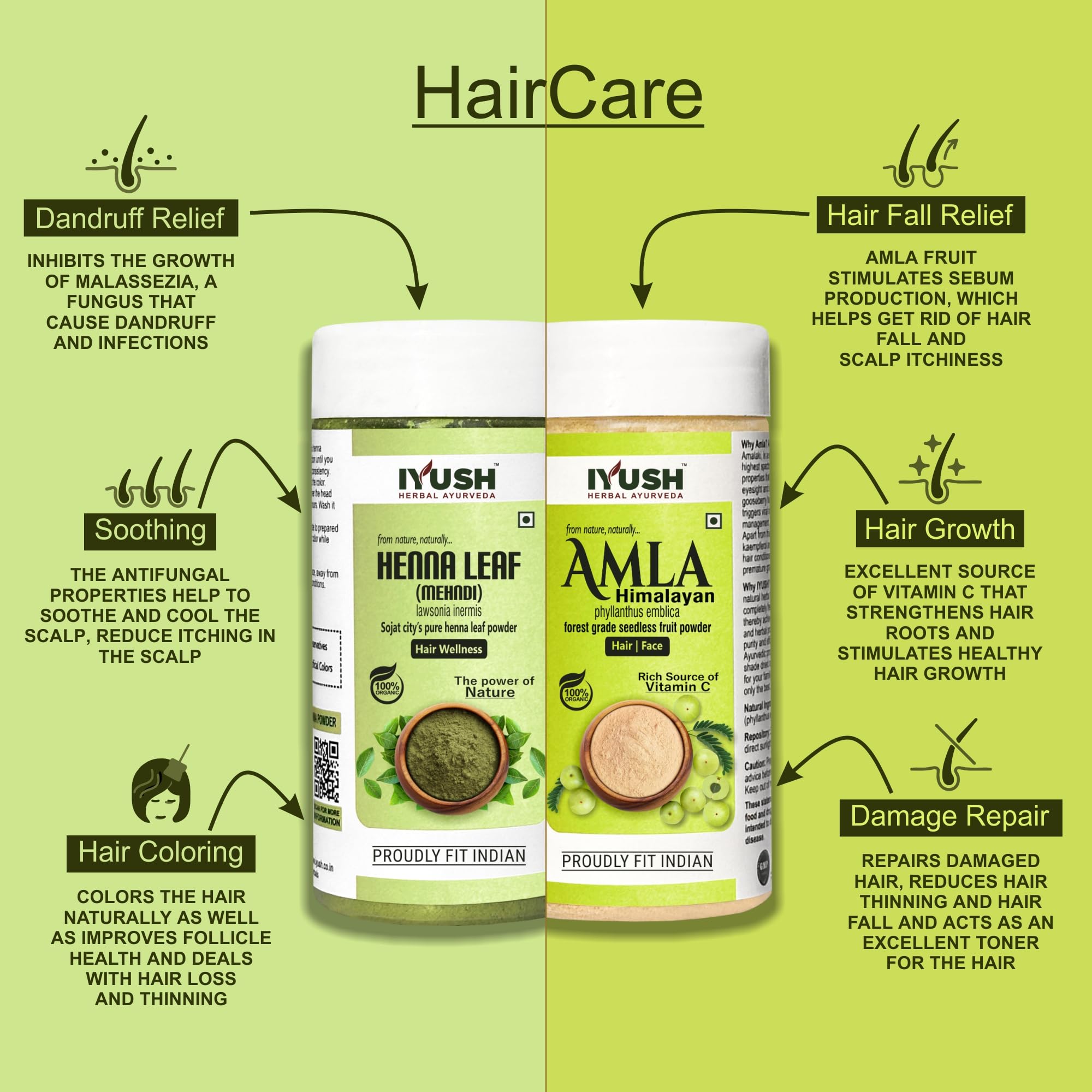 IYUSH Herbal Ayurveda Amla Powder & Henna Powder for Natural Hair Color – 200g | Chemical-Free Hair Dye | Herbal Hair Treatment for Volume & Growth | Perfect for DIY Hair Masks & Ayurvedic Hair Care Routines
