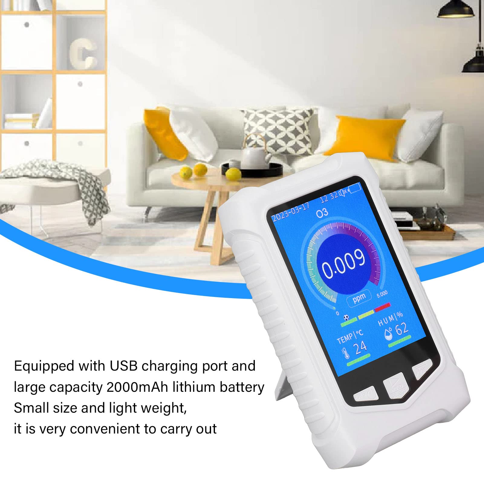 3-in-1 Air Quality Monitor with Ozone Detector, Temperature & Humidity Sensor - Portable USB Rechargeable O3 Gas Meter for Home, Office & Travel - Perfect for Indoor Air Pollution Testing & Smart Home Monitoring