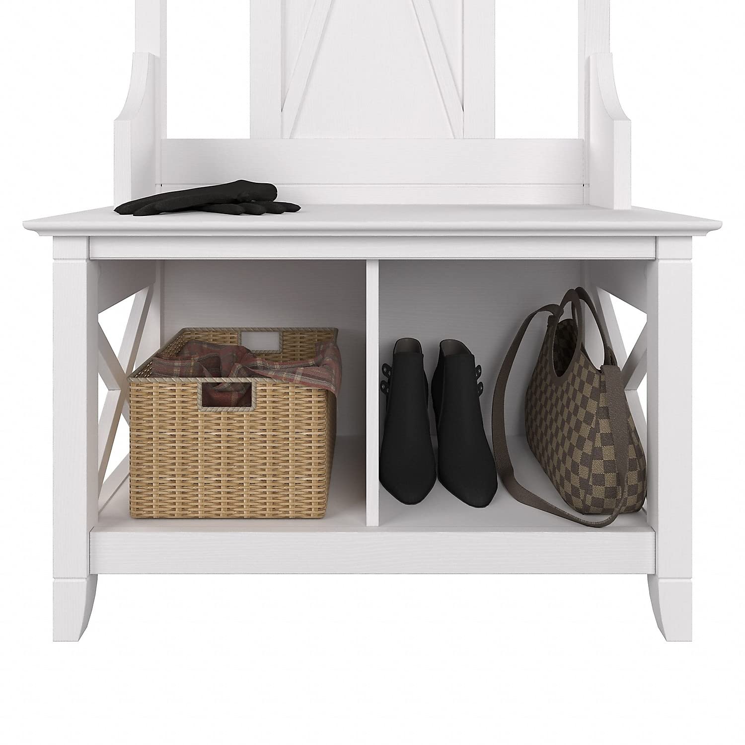 Bush Furniture Key West Hall Tree with Shoe Storage Bench - Pure White Oak Entryway Organizer for Coats, Shoes & Accessories | Perfect for Mudrooms & Small Spaces