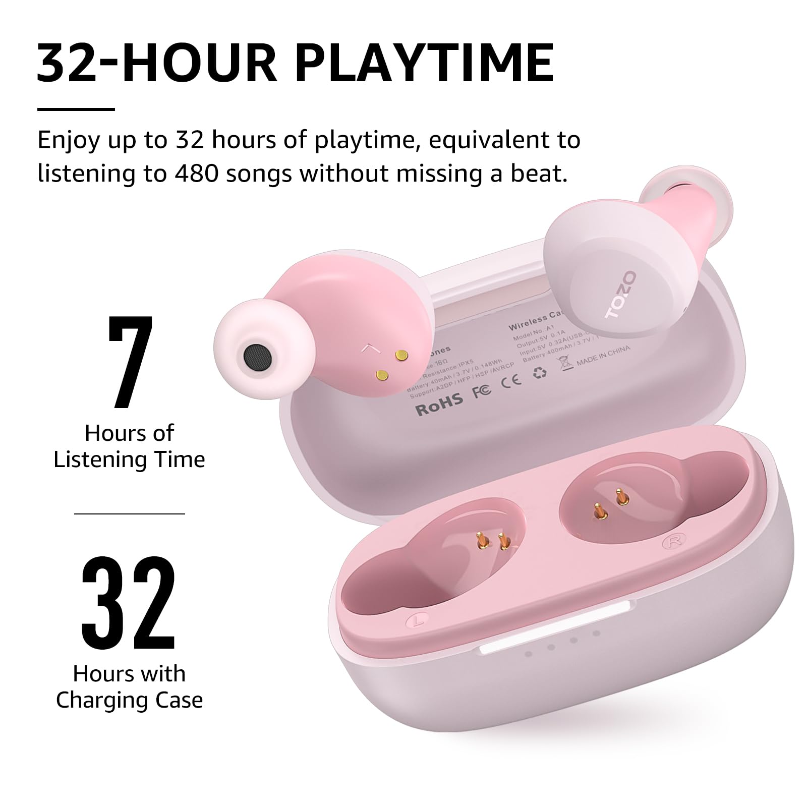 TOZO A1 Wireless Earbuds Bluetooth 5.3 - Lightweight IPX5 Waterproof Headphones with 2 Mics for AI Calls, Premium Bass Sound & 32 EQ Presets via App - Perfect for Gym, Running, Work & Travel