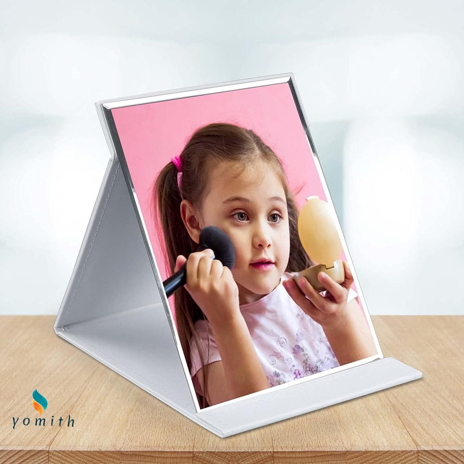 Yomith Folding PU Makeup Mirror - Frameless Adjustable Desktop Vanity Mirror, Portable Travel Mirror for Home & Travel (White) - Perfect for Makeup, Skincare & Salon Use