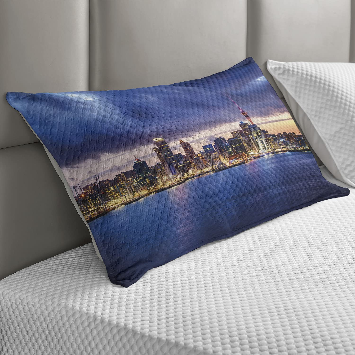 Ambesonne City Quilted Pillow Cover - Auckland New Zealand Waterfront Travel Design, King Size Decorative Pillow Case 36x20 Inches, Navy Blue & Pale Yellow - Perfect for Bedroom Decor, Living Room Accent, and Travel-Themed Home Styling