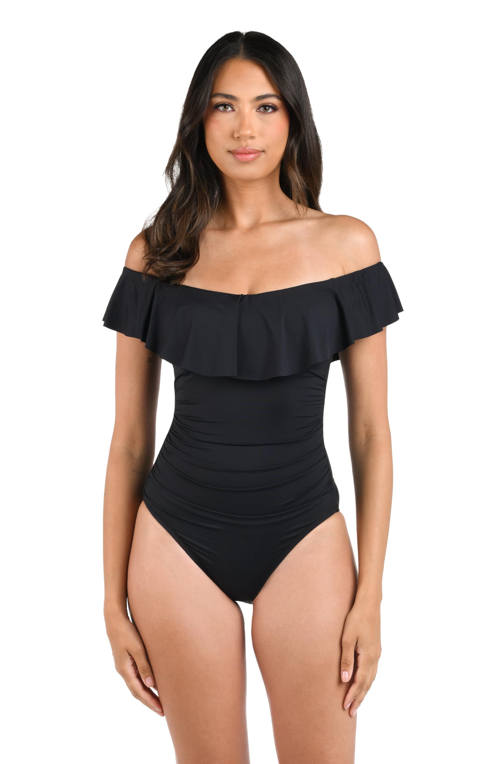 La Blanca Women's One Piece Swimsuit - Off Shoulder Ruffle Swimwear for Beach Vacation | Island Goddess Bathing Suit for Pool Party & Tropical Getaway