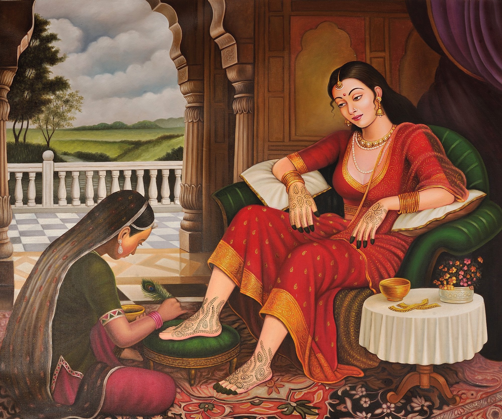 Mehandi of The Bride - Handmade Oil Painting on Canvas by Artist Kailash Raj - Perfect for Wedding Decor, Indian Culture Art Collection & Home Wall Decor