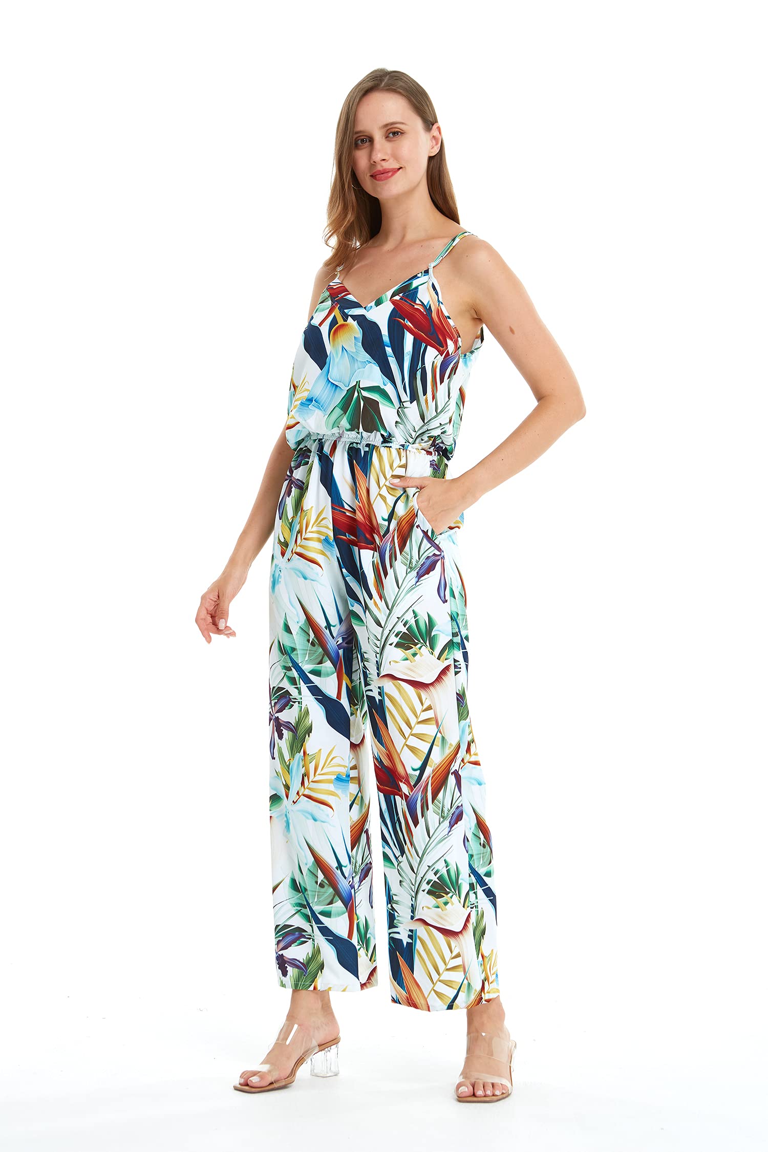 Women's Hawaiian Strap V-Neck Jumpsuit with Pockets - Simply Blue Leaves Print | Beach Vacation Outfit, Summer Party Dress, Casual Boho Romper