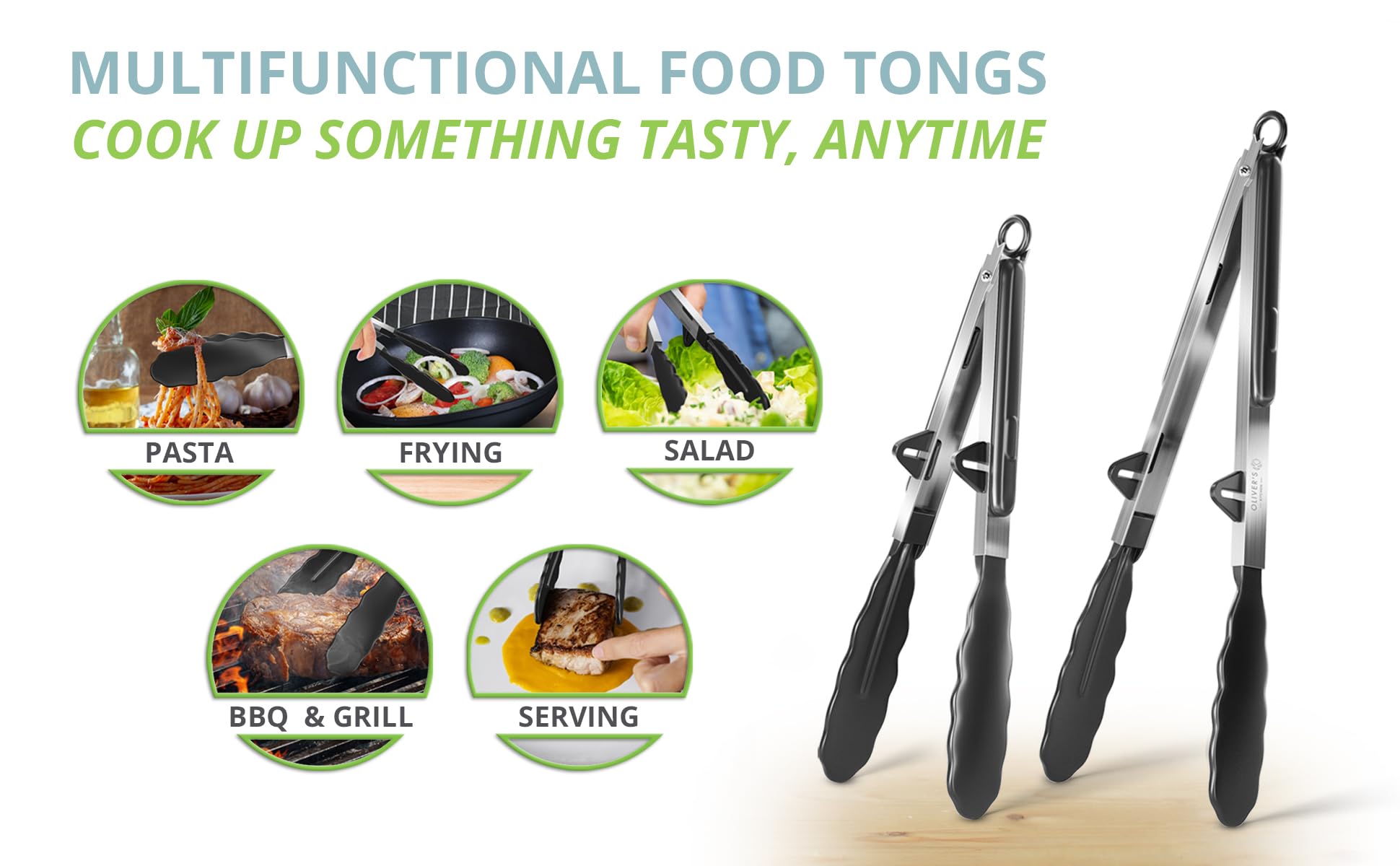 Oliver's Kitchen Silicone Tongs - Stainless Steel BBQ & Cooking Tongs for Easy Grip - Perfect for Grilling & Serving