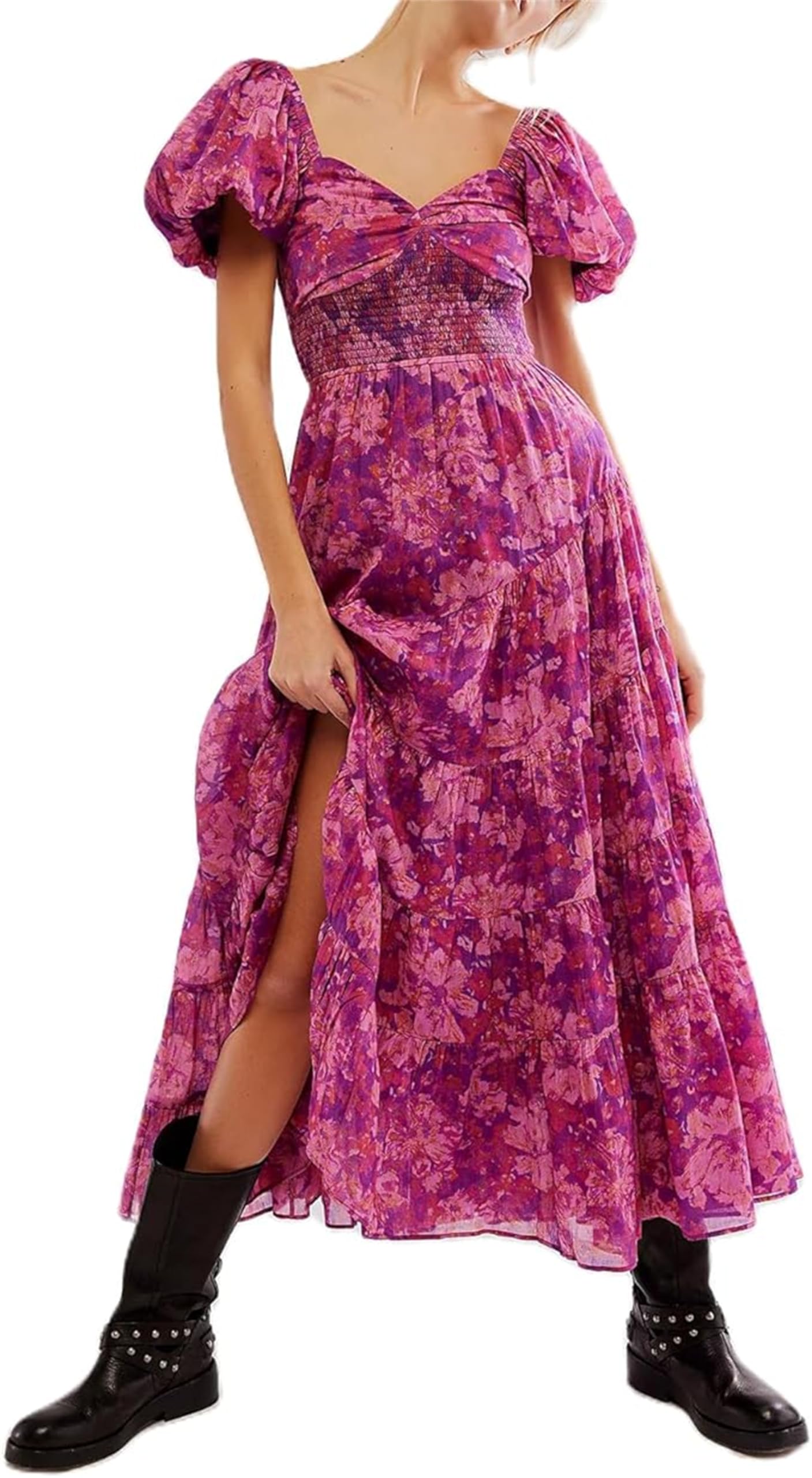 Women's Floral Print Long Maxi Dress with Short Puff Sleeves & Sweetheart Neckline - Y2K Boho Summer Sundress for Beach, Vacation, and Casual Outings
