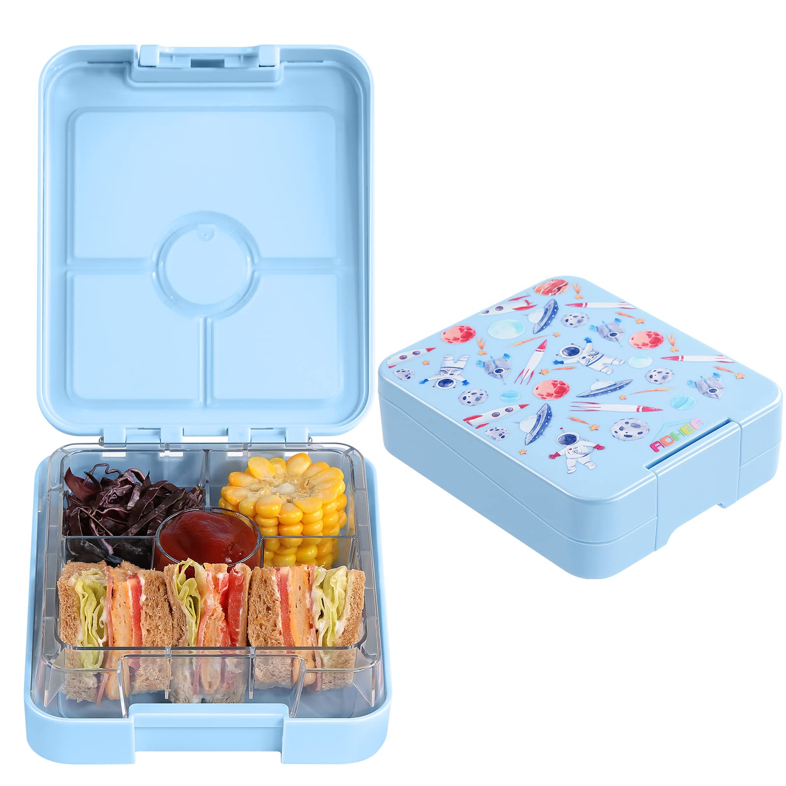 AOHEA Kids Bento Lunch Box - 4 Compartment BPA-Free Tritan Plastic Food Container for Toddlers & Children | Perfect for School, Daycare, Picnics & Travel (Astronaut Design)
