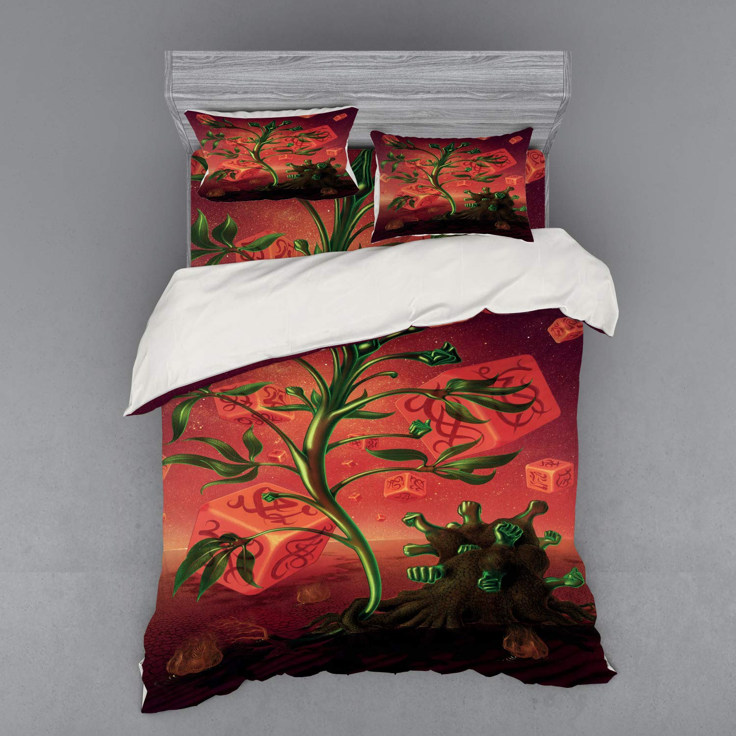 Ambesonne Psychedelic Duvet Cover Set - Trippy Surreal Fantasy Cubes & Unique Plants Design, 4-Piece Queen Size Bedding Set with Shams & Fitted Sheet in Scarlet Green | Perfect for Bohemian Bedrooms, Dorm Decor & Hippie Themed Rooms