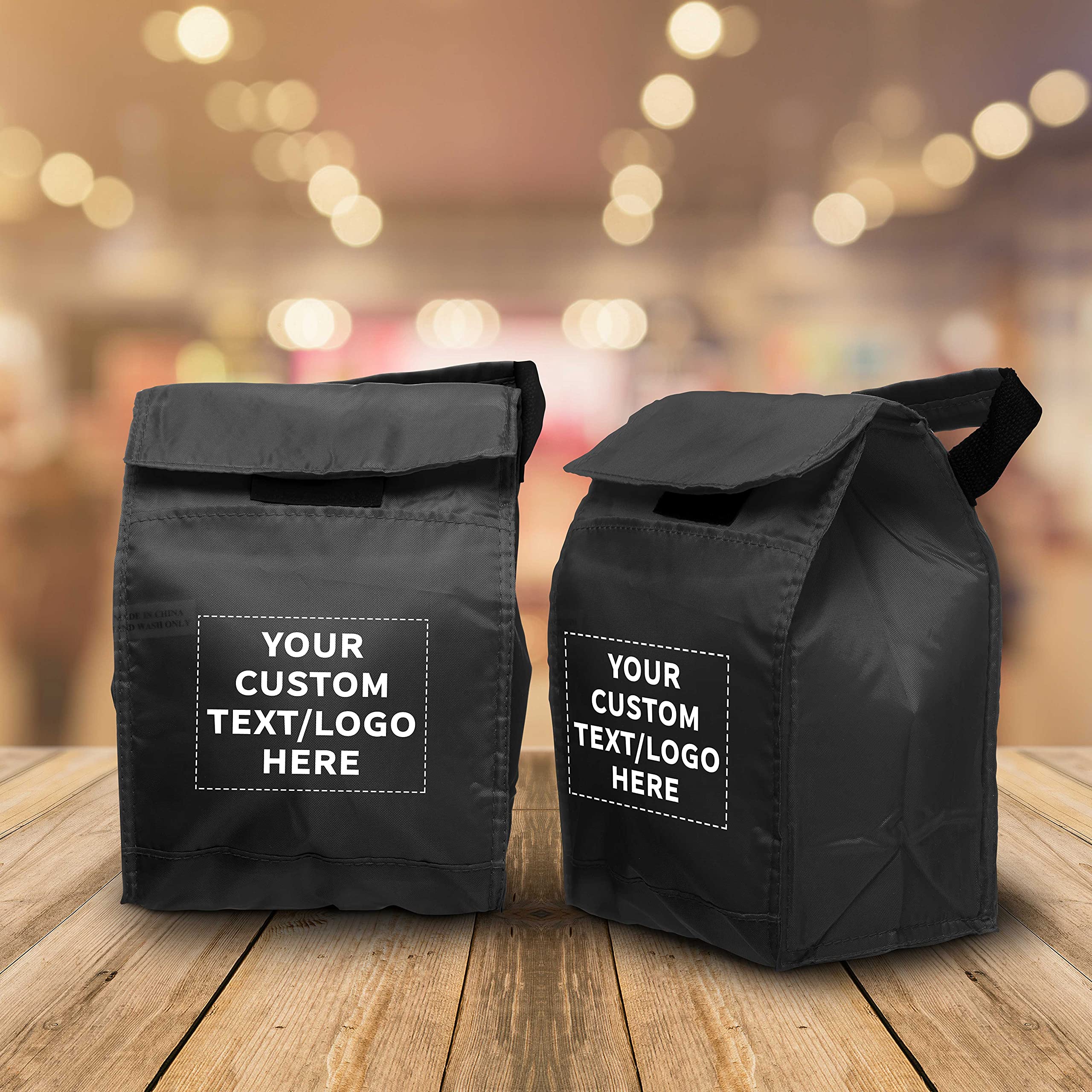 10 Pack Insulated Lunch Bags with Hook & Loop Closure - Customizable Text & Logo - Durable Polyester Reusable Lunch Box for Work, School & Picnic - Vibrant Black Thermal Food Carrier