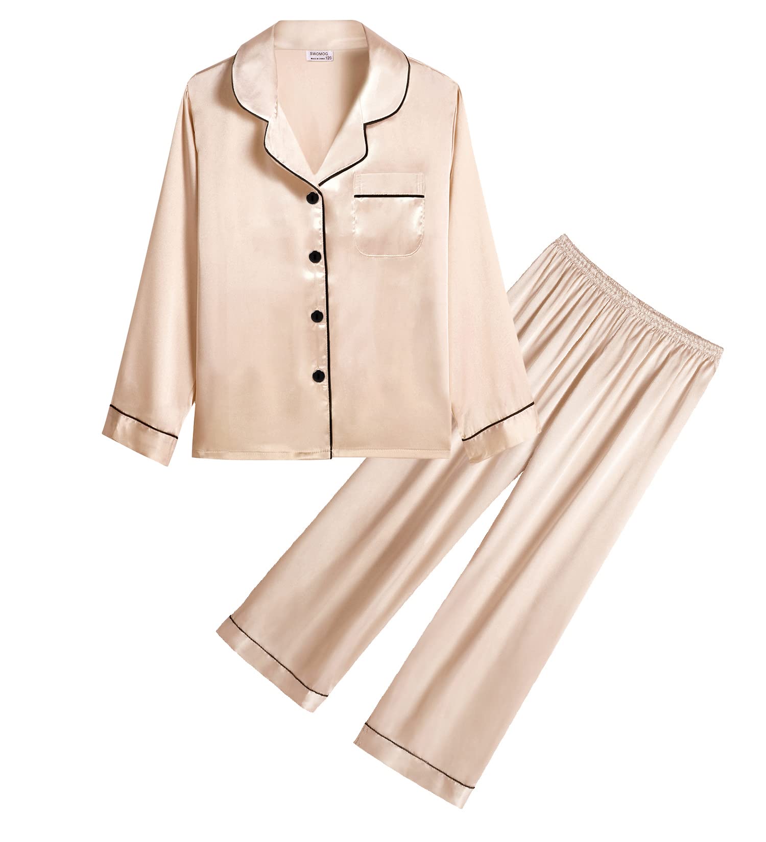 SWOMOG Kids Silk Satin Pajama Set for Girls & Boys - Button Down Long Sleeve Sleepwear, 2-Piece Pajamas for Comfortable Lounge & Bedtime (White) - Perfect for Sleepovers, Family Movie Nights & Cozy Winter Evenings