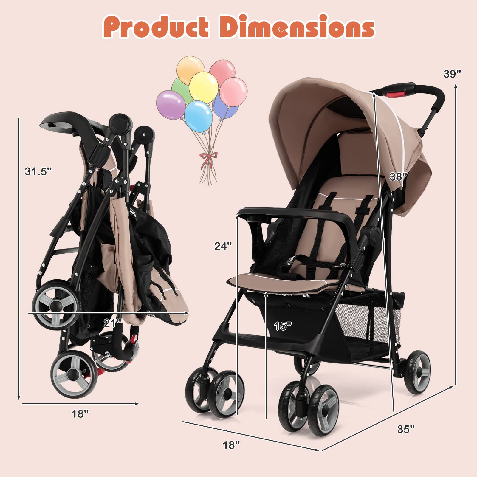 HONEY JOY Lightweight Compact Travel Stroller for Toddlers & Infants - Adjustable Canopy, Reclining Backrest, Storage Basket - Airplane Approved Foldable Umbrella Stroller (Coffee) - Perfect for Air Travel, Shopping, and Daily Walks