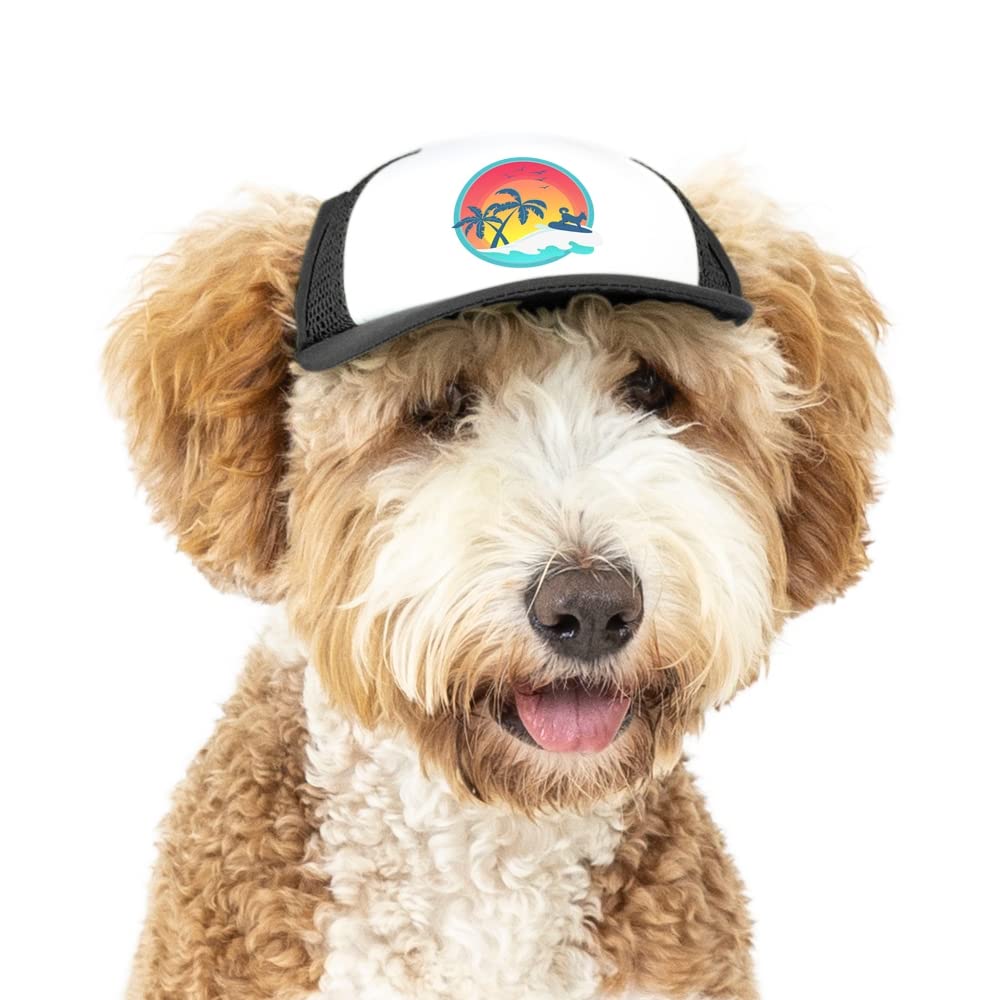 PupLid Trucker Hats for Dogs - Small Adjustable Dog Sun Hat with UV Protection | Stylish & Comfortable Fit for Active Pets | Perfect for Beach, Hiking & Outdoor Adventures (Black Surfer Dog Design)