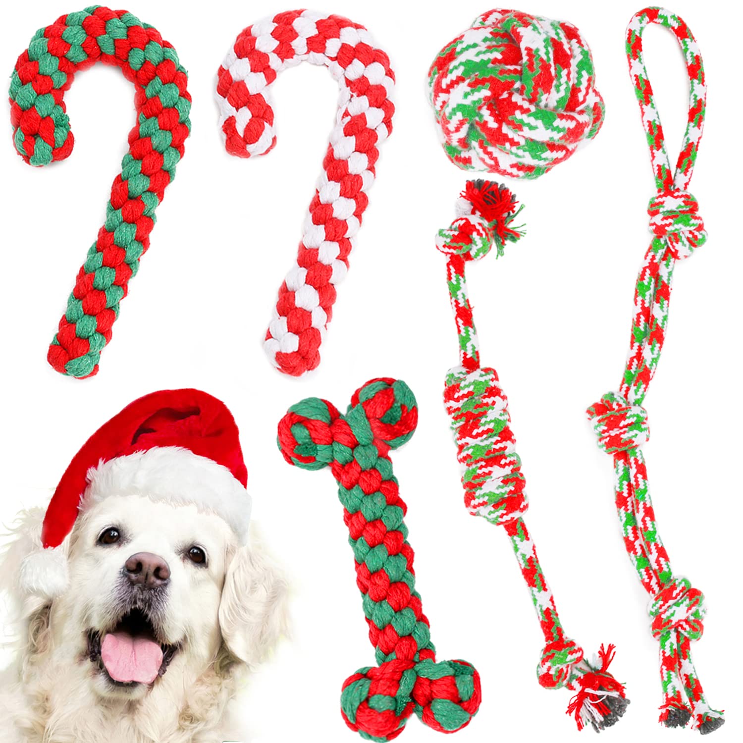 Christmas Dog Rope Toys 6 Pack - Durable Chew Toys for Aggressive Chewers, Small Medium Large Breed Dogs, Puppy Training, Interactive Ball Toys for Teeth Cleaning, Indoor Outdoor Play, Perfect for Xmas Party and Daily Use