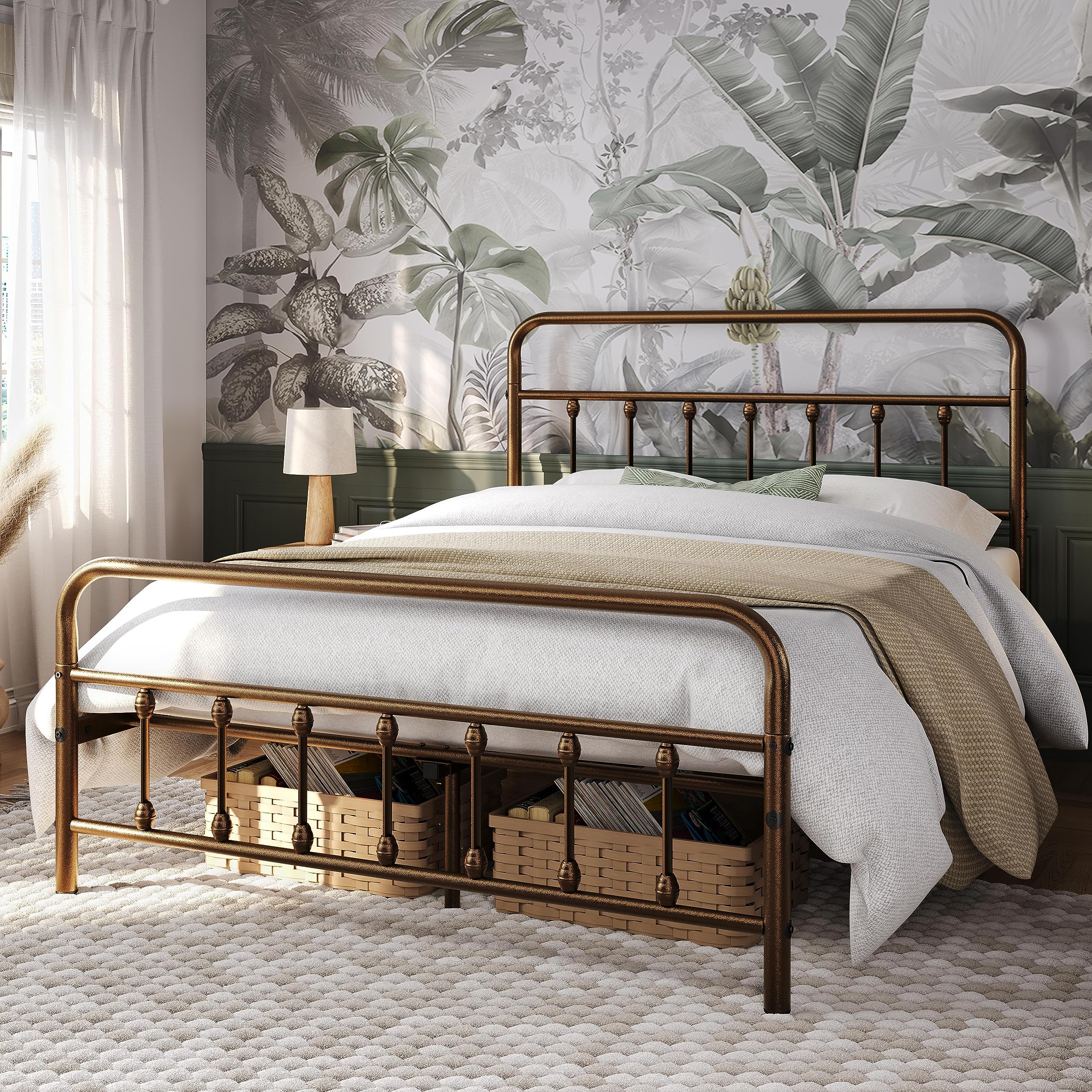 Yaheetech Queen Size Metal Platform Bed Frame with Victorian Iron-Art Headboard & Footboard - No Box Spring Needed, Under Bed Storage Space - Classic Bronze Bedroom Furniture for Master Bedroom, Guest Room, Dormitory