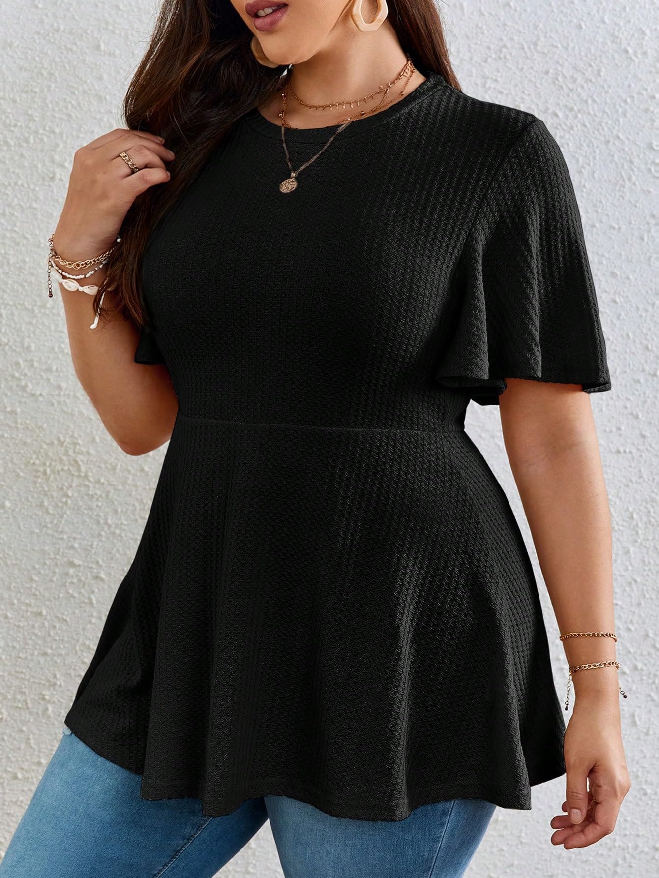 OYOANGLE Plus Size Women's Short Sleeve Peplum Blouse - Waffle Knit Flared Round Neck Tops for Casual Wear & Office Outfits