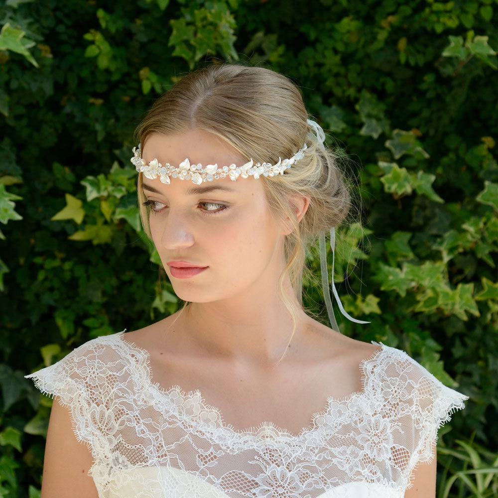 Nicole Enameled Silver Leaves & Pearl Buds Hair Vine - Elegant Bridal Hair Accessory for Weddings, Prom, and Special Occasions