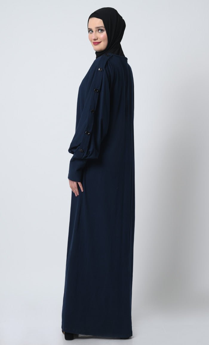Stylish Cotton Jersey Abaya with Decorative Button Sleeves & Batwing Design - Perfect for Prayer, Modest Fashion & Special Occasions