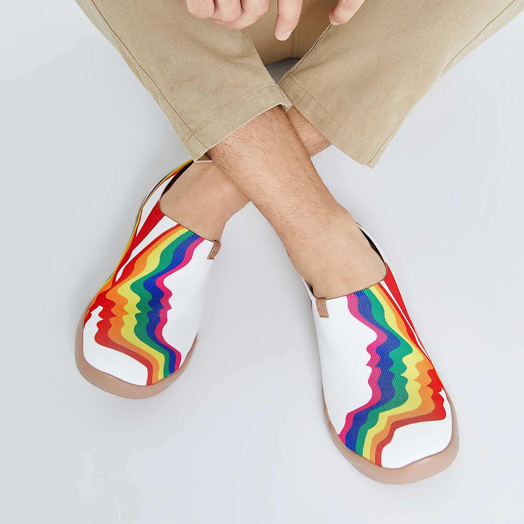 UIN Men's Pride Walking Shoes - Slip On Knitted Loafers, Lightweight Comfort Sneakers with Artistic Rainbow Love Design - Size 12 | Perfect for Travel, Casual Wear & LGBTQ+ Pride Events
