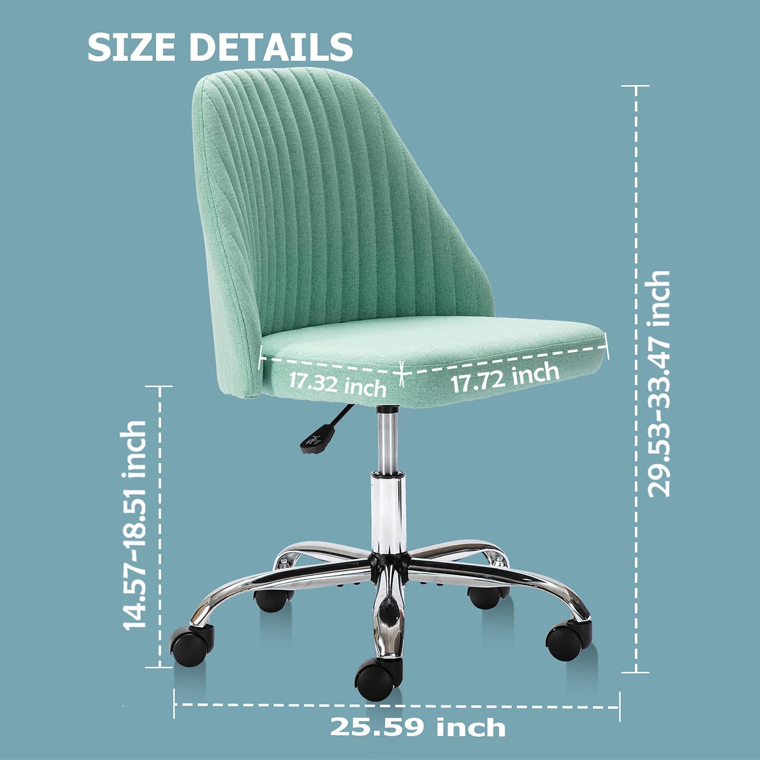 Ergonomic Home Office Desk Chair - Adjustable Low Back Rolling Chair with Wheels, Modern Twill Upholstered Vanity Chair for Bedroom, Classroom & Dressing Room (Green) - Perfect for Remote Work, Online Classes & Makeup Stations