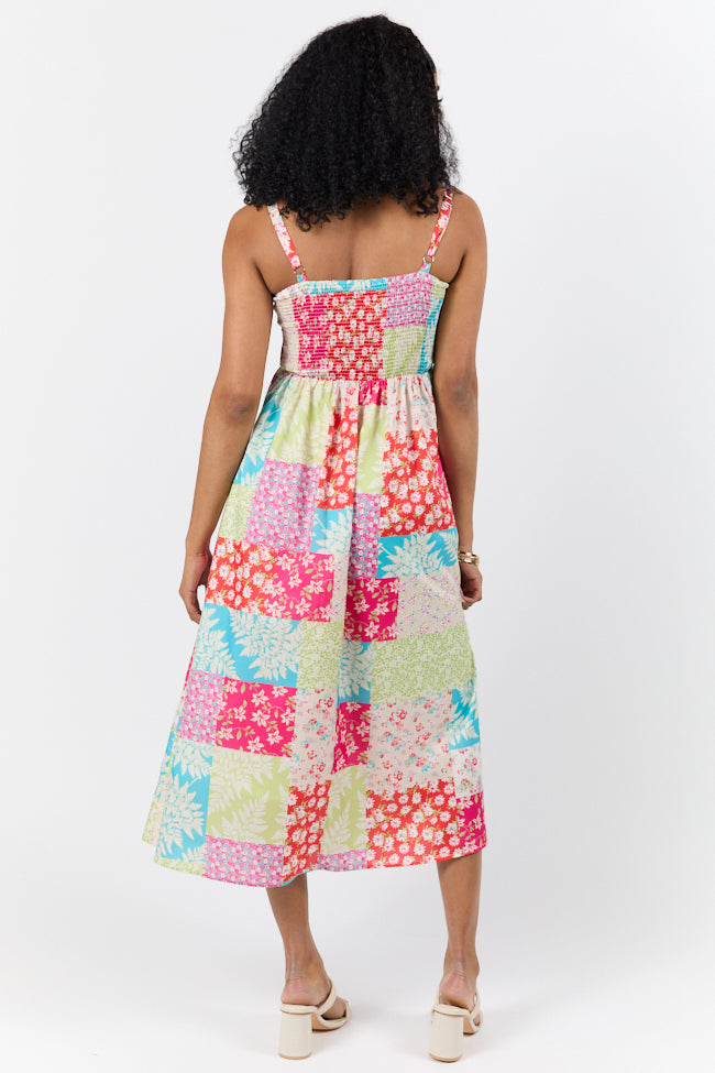 Pieces That Complete Me Multi Patchwork Babydoll Midi Dress - Floral Print Summer Dress for Women, Boho Chic Party Outfit, Beach Wedding Guest Dress
