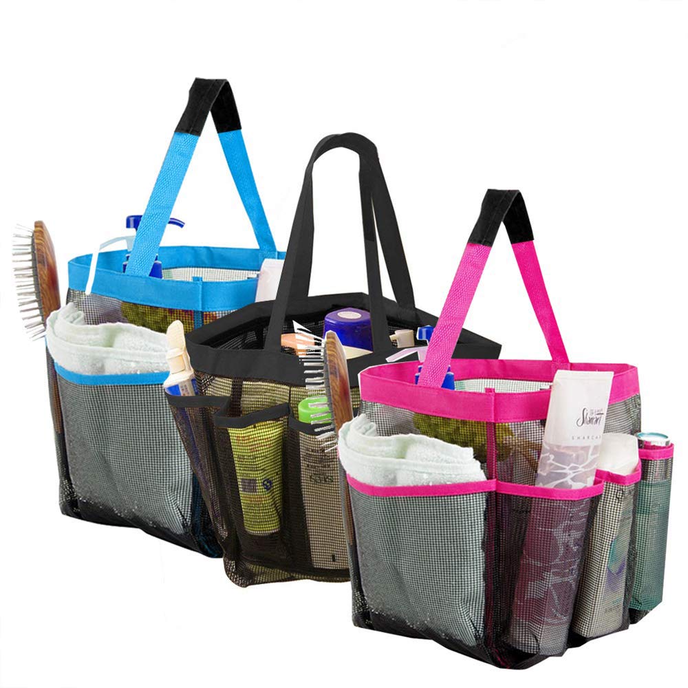 GGone 3 Pack Mesh Shower Caddy - Portable Quick Dry Hanging Tote Storage Bag with 9 Large Pockets for Shampoo, Soap & Bathroom Accessories (Black, Blue, Pink) | Perfect for College Dorms, Travel & Small Bathroom Organization