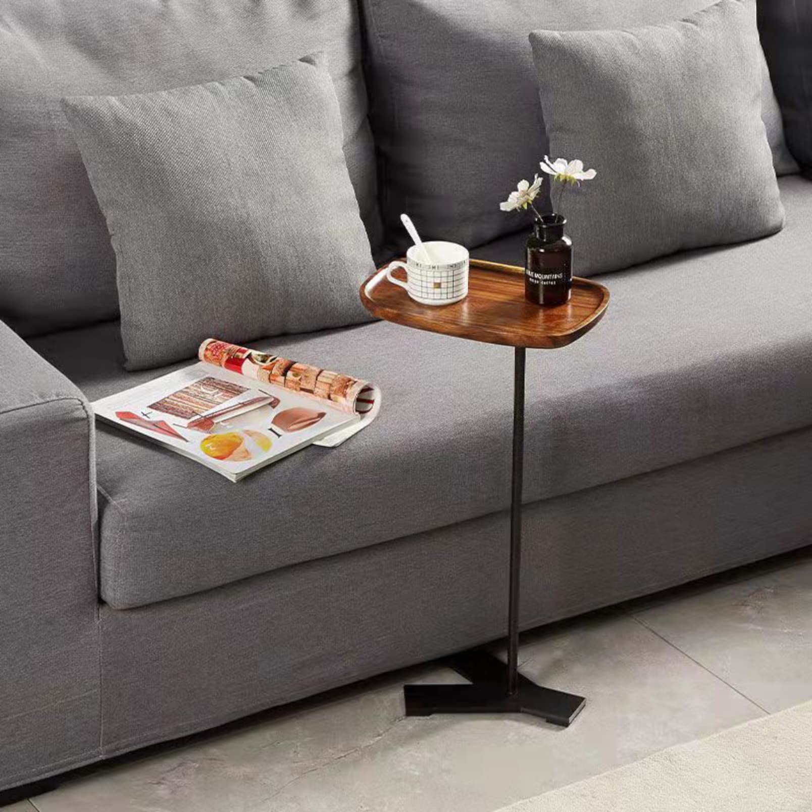 Modern Solid Wood Side Table with Metal Pole - Small C End Table for Living Room, Sofa, Bedroom - Anti-Collision Nightstand, Coffee Table - Perfect for Snacks, Drinks, Books or as TV Tray - Ideal Gift for Home Decor (Black) - Great for Small Spaces, Apartments and Cozy Corners