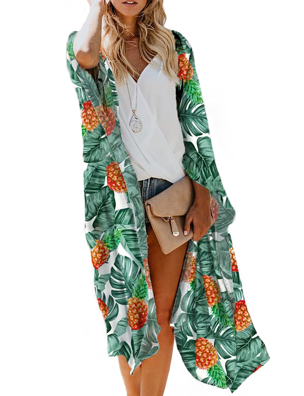 MayBuy Women's Summer Long Flowy Kimono Cardigan - Boho Chiffon Beach Cover Up Tops - Lightweight Open Front Cardigan for Beach, Vacation & Casual Wear