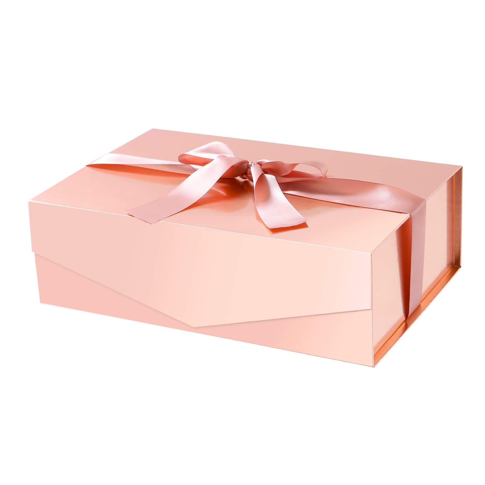 ROSEGLD 13.5x9x4.1 Inches Large Collapsible Gift Box with Ribbon & Magnetic Lid - Elegant Bridesmaid Proposal Box, Wedding Party Favors, Birthday & Anniversary Present Box (Glossy Rose Gold) - Perfect for Jewelry, Cosmetics & Luxury Gifts Packaging